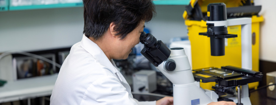 researcher looking into microscope