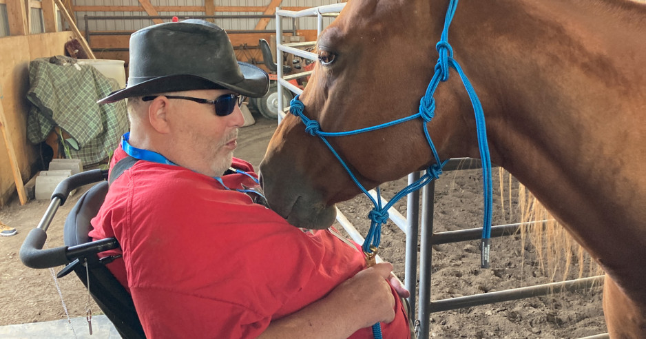 a person in a wheelchair pets a horse