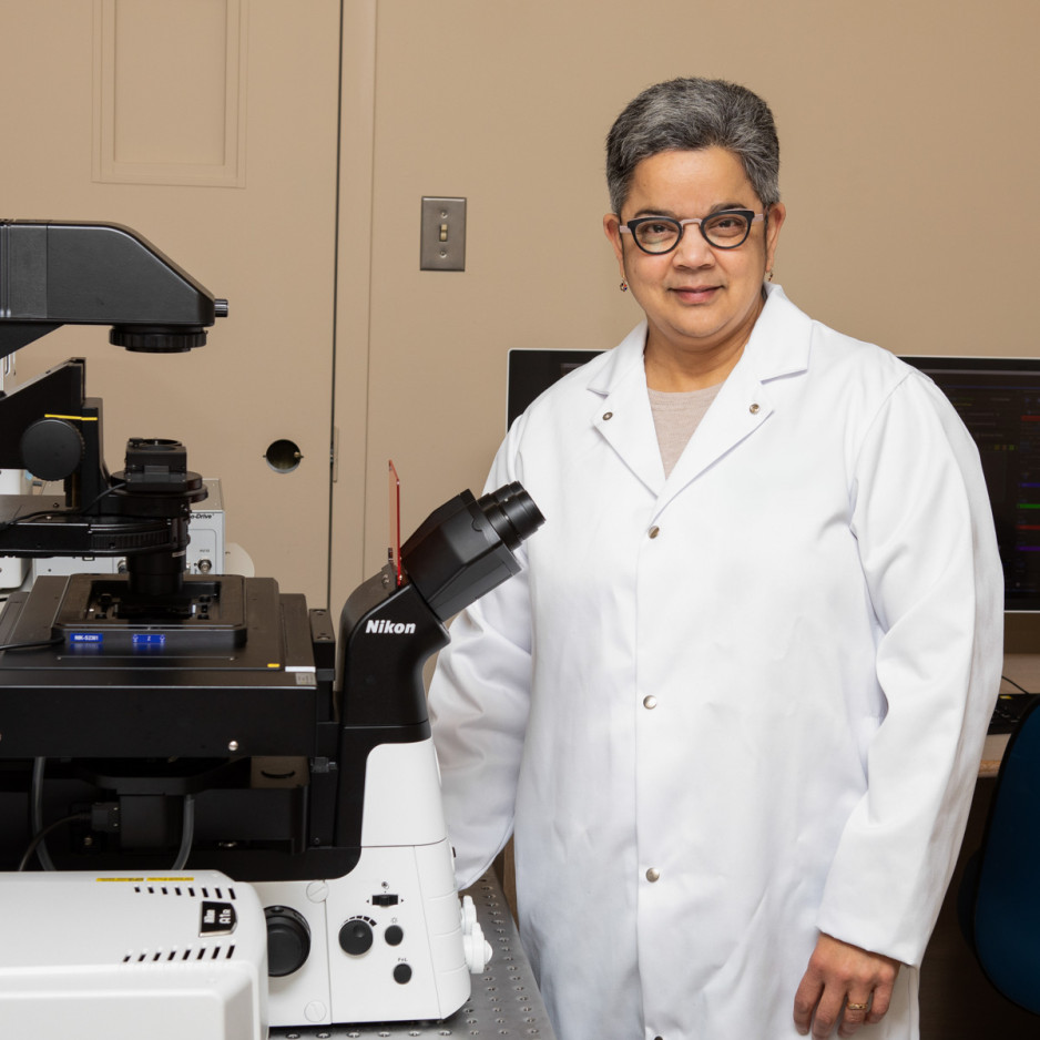 Savita Dhanvantari, PhD with the confocal microscope